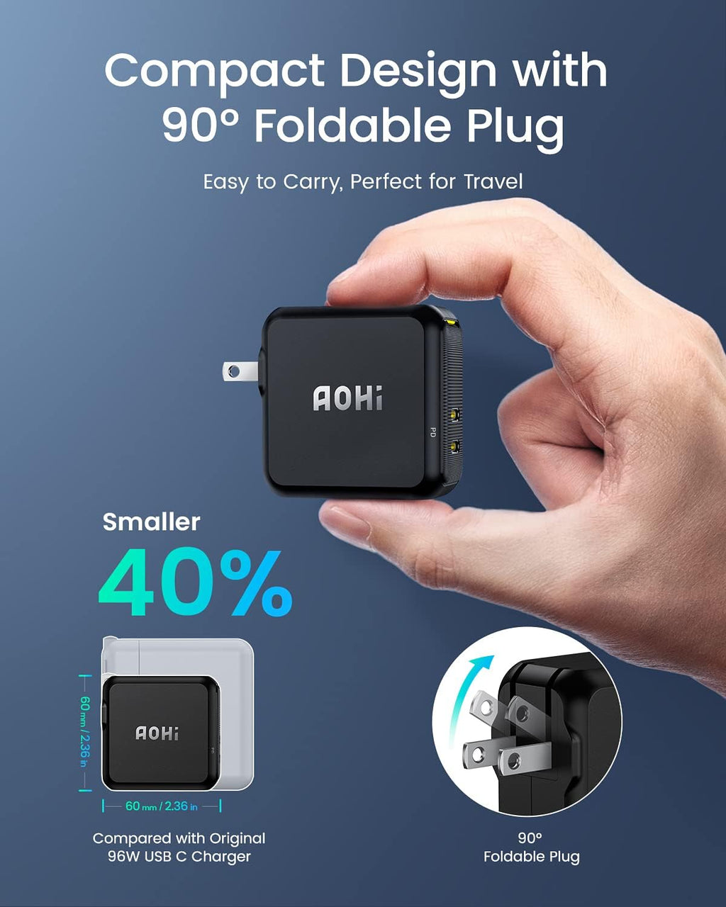 AOHI 100W USB C Charger GaN+, 2 Port Type C PD Wall Charger Foldable Power Adapter with 4ft USB C LED Display Cable for MacBook Pro/Air, iPad Pro, iPhone 15/14/13/12, Galaxy, Laptops, Black
