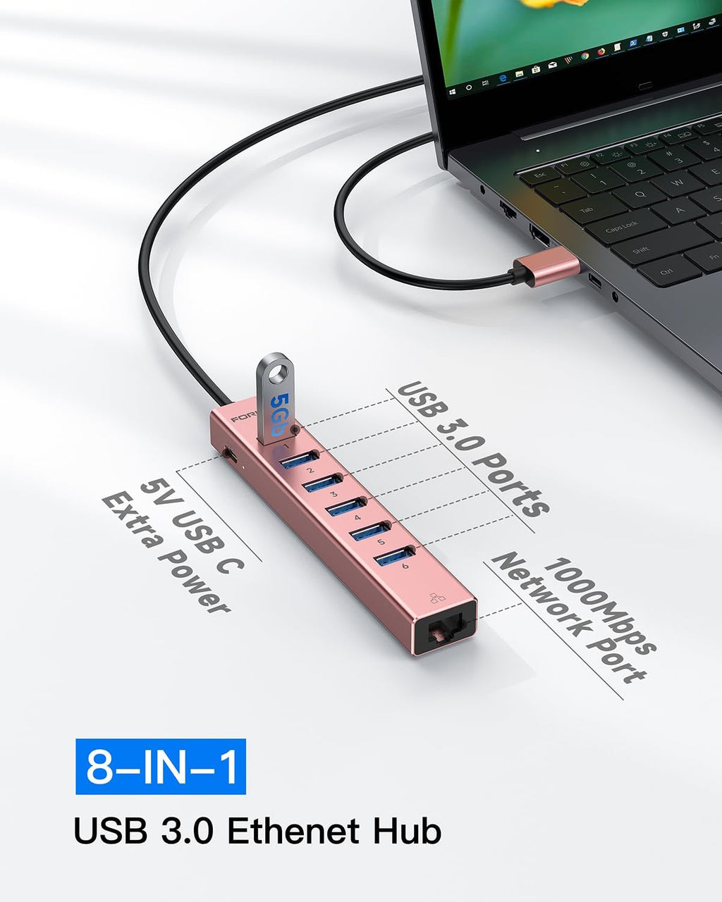 Aluminum USB 3.0 Adapter USB to Ethernet HUB with 120CM Long Cable for Laptop USB Extender with Gigabit Ethernet Port and 5V/3A Power Port 7 Ports USB Hub for iMac PC Flash Drives (Rose Gold)