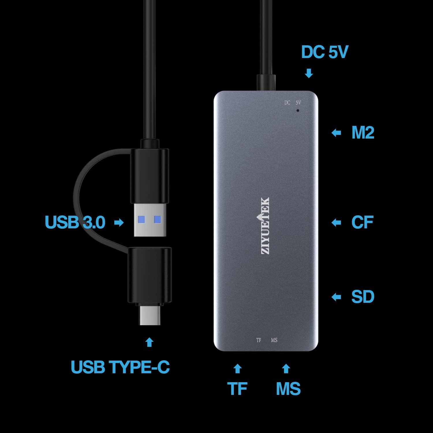 USB C USB3.0 SD Card Reader, 5in1 Multi Card Reader for SD/TF/CF/Micro SD/MS/M2, Drive Free for iPhone 15 pro max/Windows/Mac/Linux/Android (USB3.0 and Type-C)