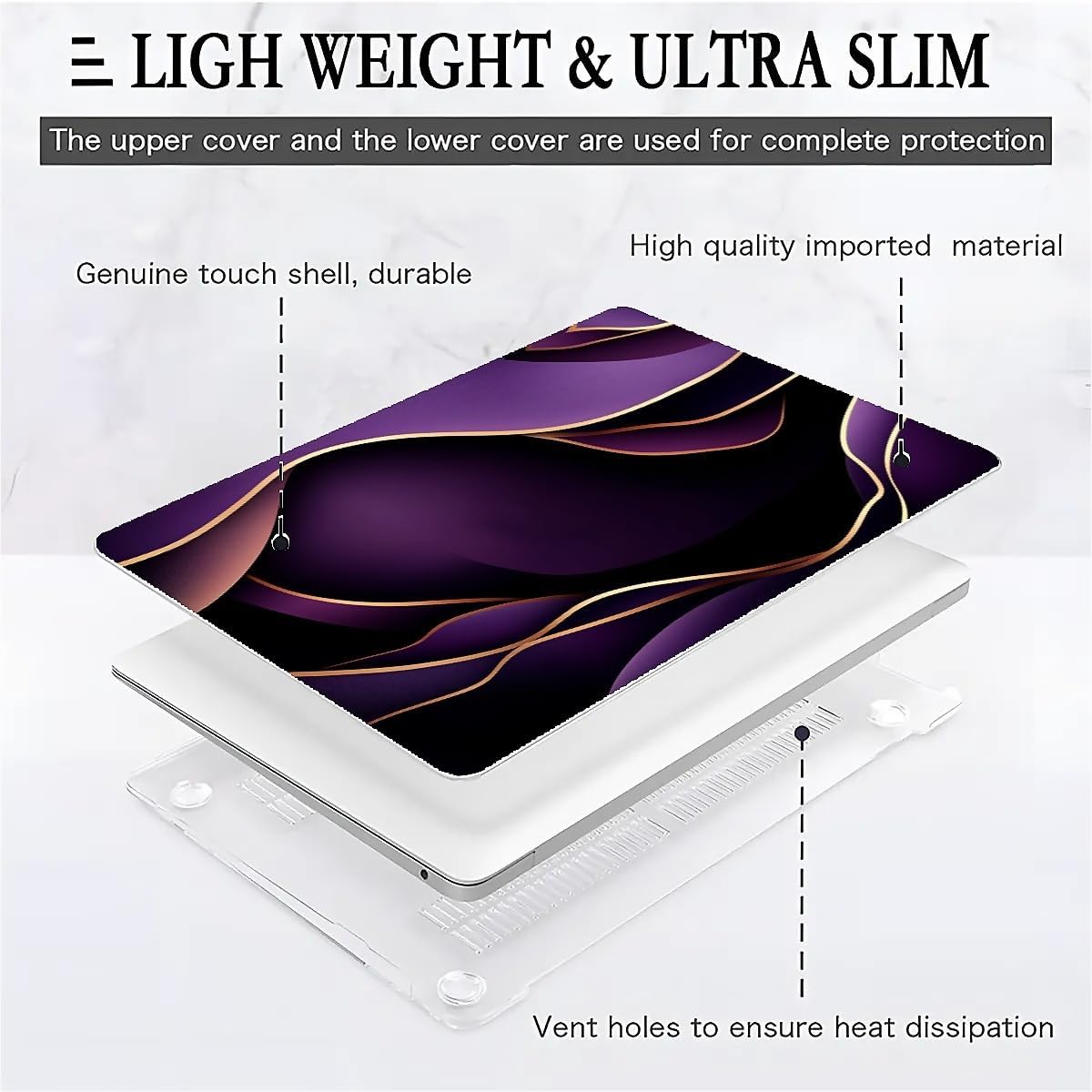 Compatible with MacBook Air 13.3 13.6 Inch Case 2022 2021 2020 2019 Plastic Hard Shell Case Cover,13.3 Air (A1932/A2179/A2337), Purple and Gold Color Line