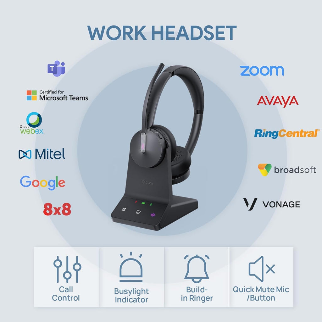 Yealink WH64 Dual UC DECT & Bluetooth Wireless Headset, 606ft Range,Zoom Certified, On Ear Work Headphones with 3X Noise Cancelling Mic, 32 Talk Time, Office Desk IP Phone, PC,Computer