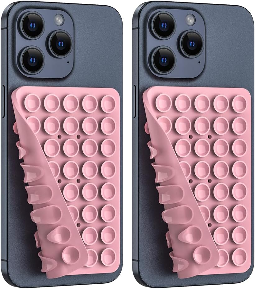 2PACK Silicone Double Sided Suction Phone Case Mount, Detachable Hands Free & Strong Grip Holder for Selfies & Videos, Compatible iPhone Android (Sand Pink, 2Pack 40 Suction Cups)