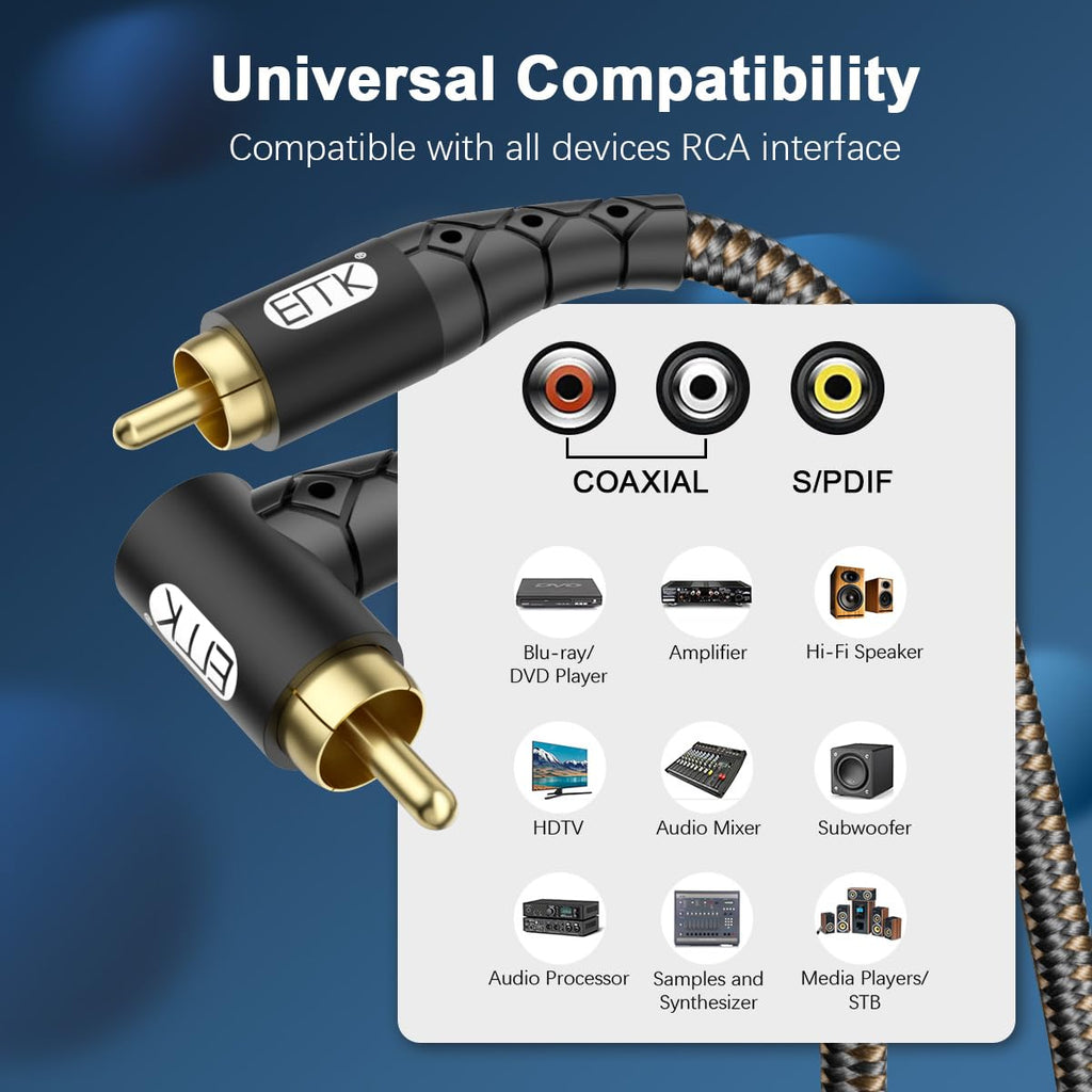 EMK 90 Degree RCA Subwoofer Cable 24K Gold-Plated Connector Nylon Braided Double Shielded – Support Digital & Analog Signals for Amplifier, Home Theater, Hi-Fi System,Subwoofer Black/10ft/3m