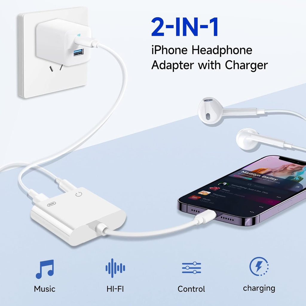 [Apple MFi Certified] 2-in-1 Charging & Audio Adapter for iPhone, Lightning to 3.5mm Headphone Jack Dongle Splitter, Supports Hi-Res Lossless Sound, Compatible with iPhone 14/13/12/11/XS/XR/8/7 1Pack