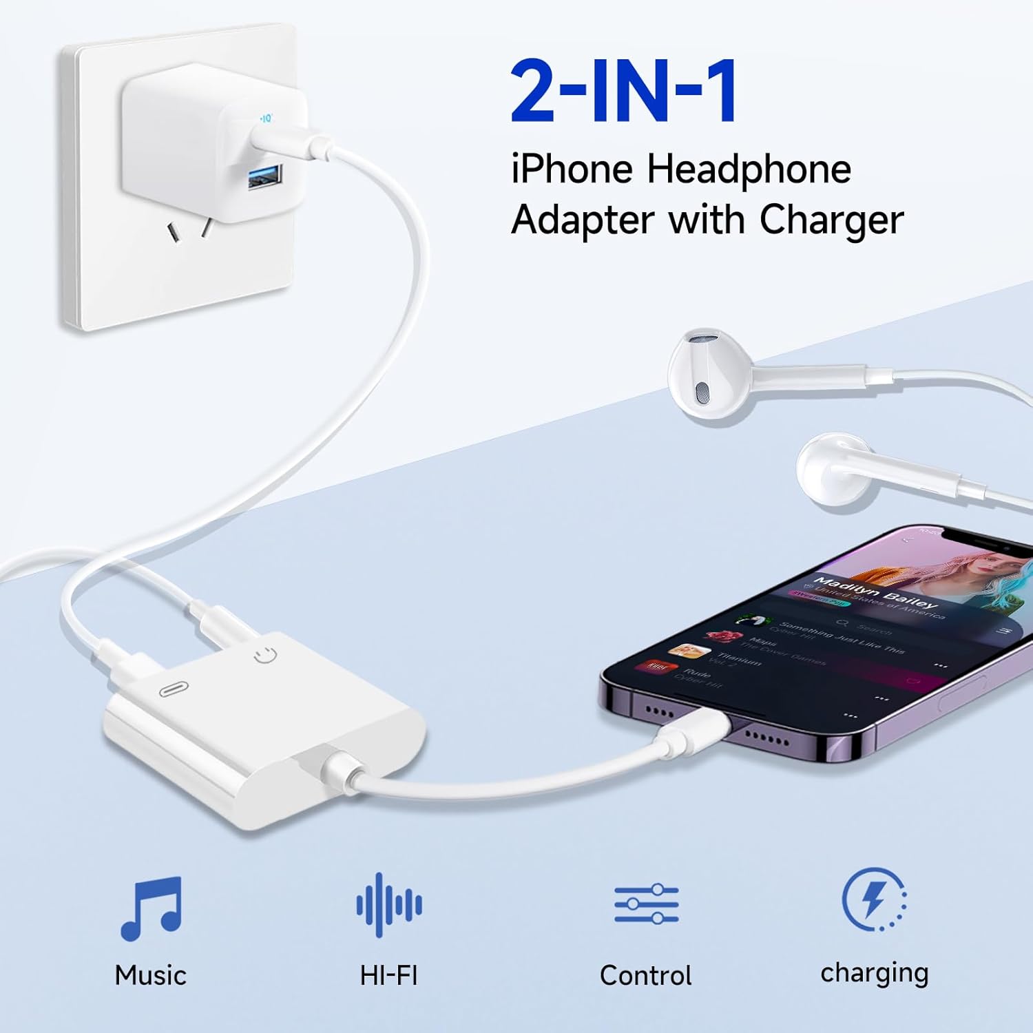 [Apple MFi Certified] 2-in-1 Charging & Audio Adapter for iPhone, Lightning to 3.5mm Headphone Jack Dongle Splitter, Supports Hi-Res Lossless Sound, Compatible with iPhone 14/13/12/11/XS/XR/8/7 1Pack