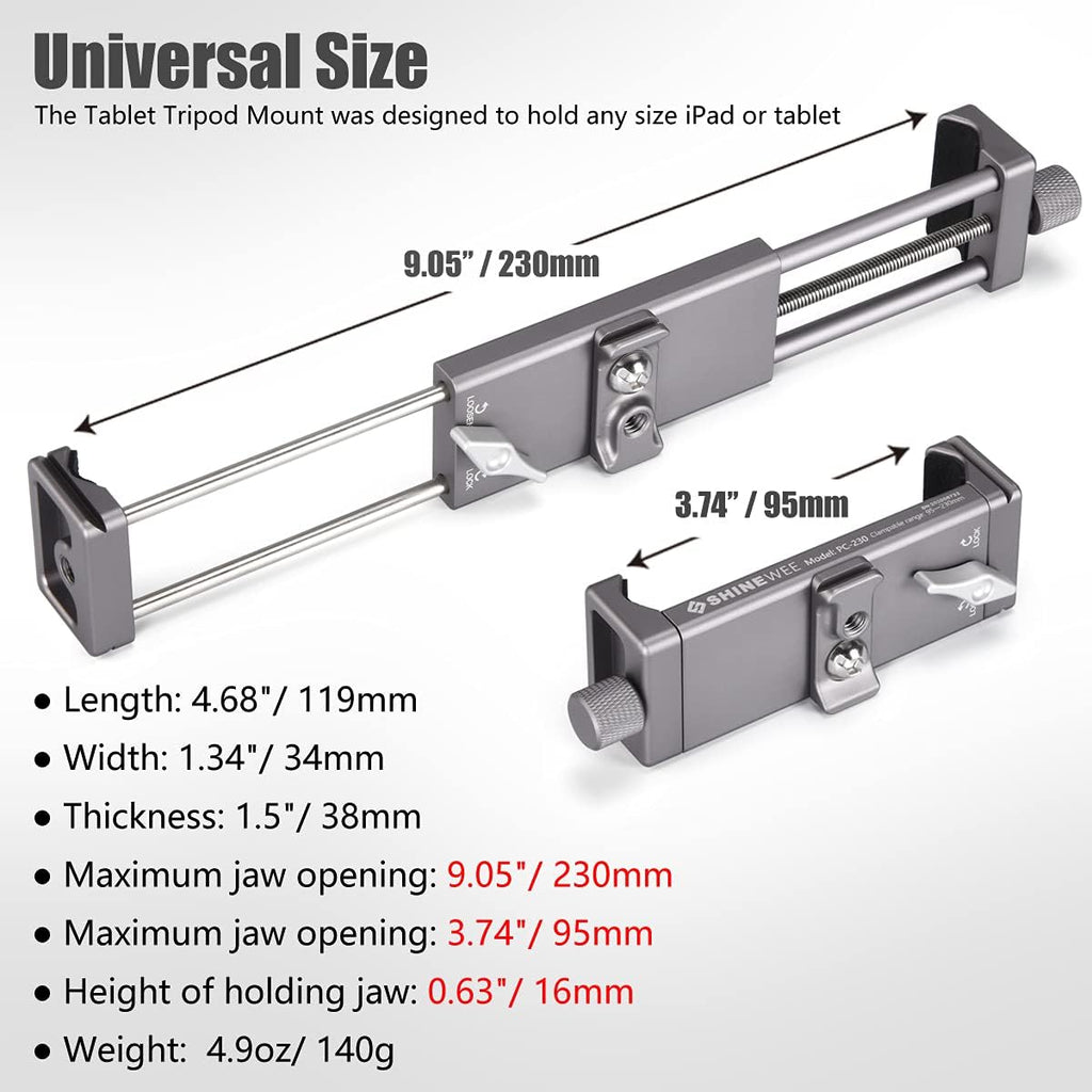Full Metal Tablet Tripod Holder – Compatible with iPad mini, Air, Pro | 1/4" Screw & ARCA Dovetail Mounts | Universal Tablet Clamp Adapter