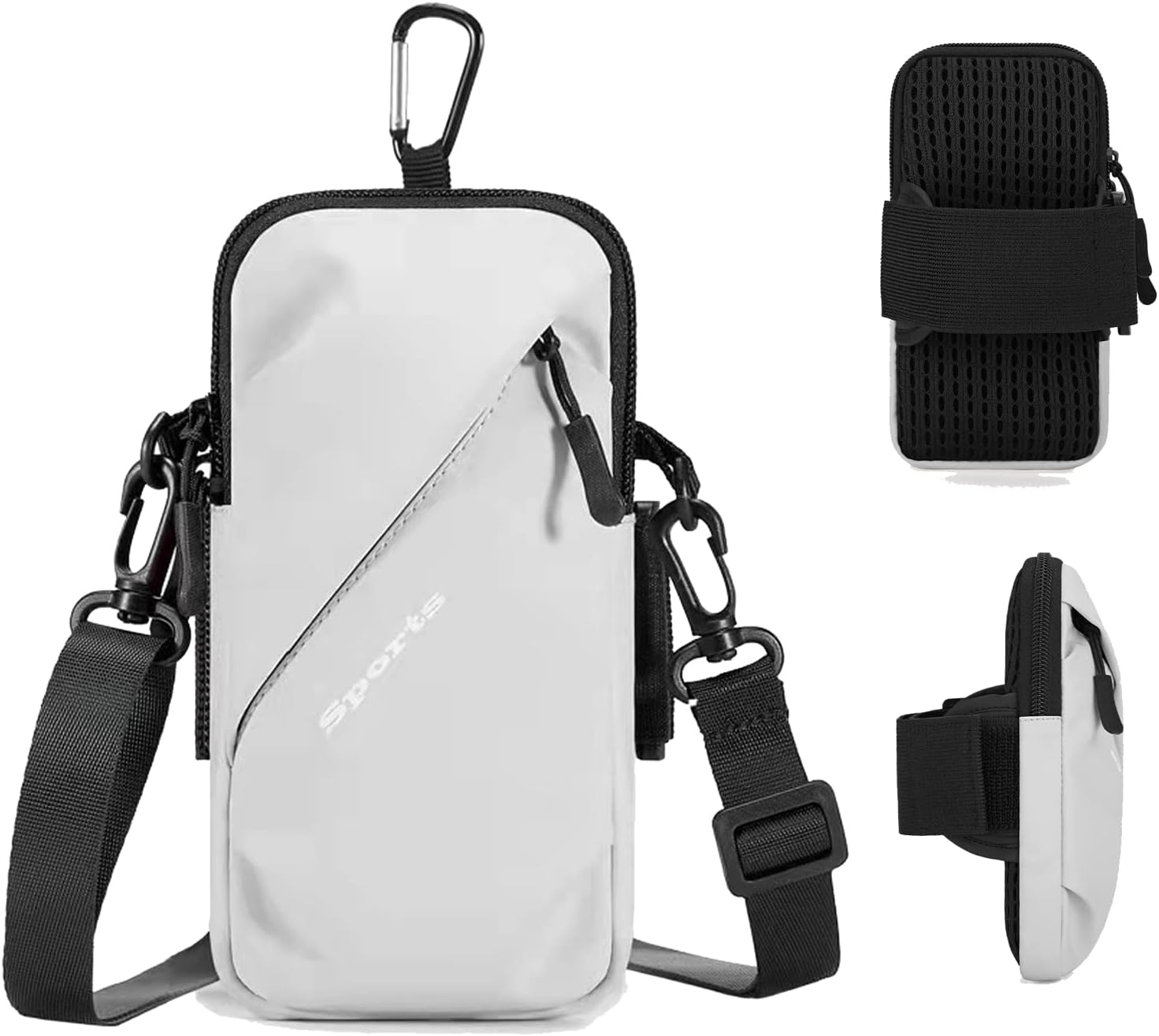 Phone Holder Arm Bands, Small Crossbody Shoulder Holsters Bag with Arm Band, Fits iPhone and All Cell Phones, Use for Running, Walking, Hiking & Biking (Plus Size,Grayish White)