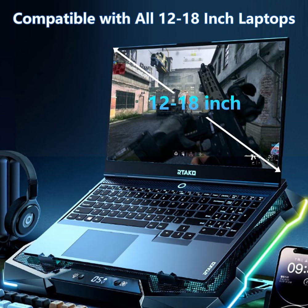 G-STORY Gaming Laptop Cooling Pad, RGB Lights Laptop Cooler with 10 Powerful Turbo Fans for 12-18 Inch Notebooks,8 Height Adjustable Stand and 1 USB Port