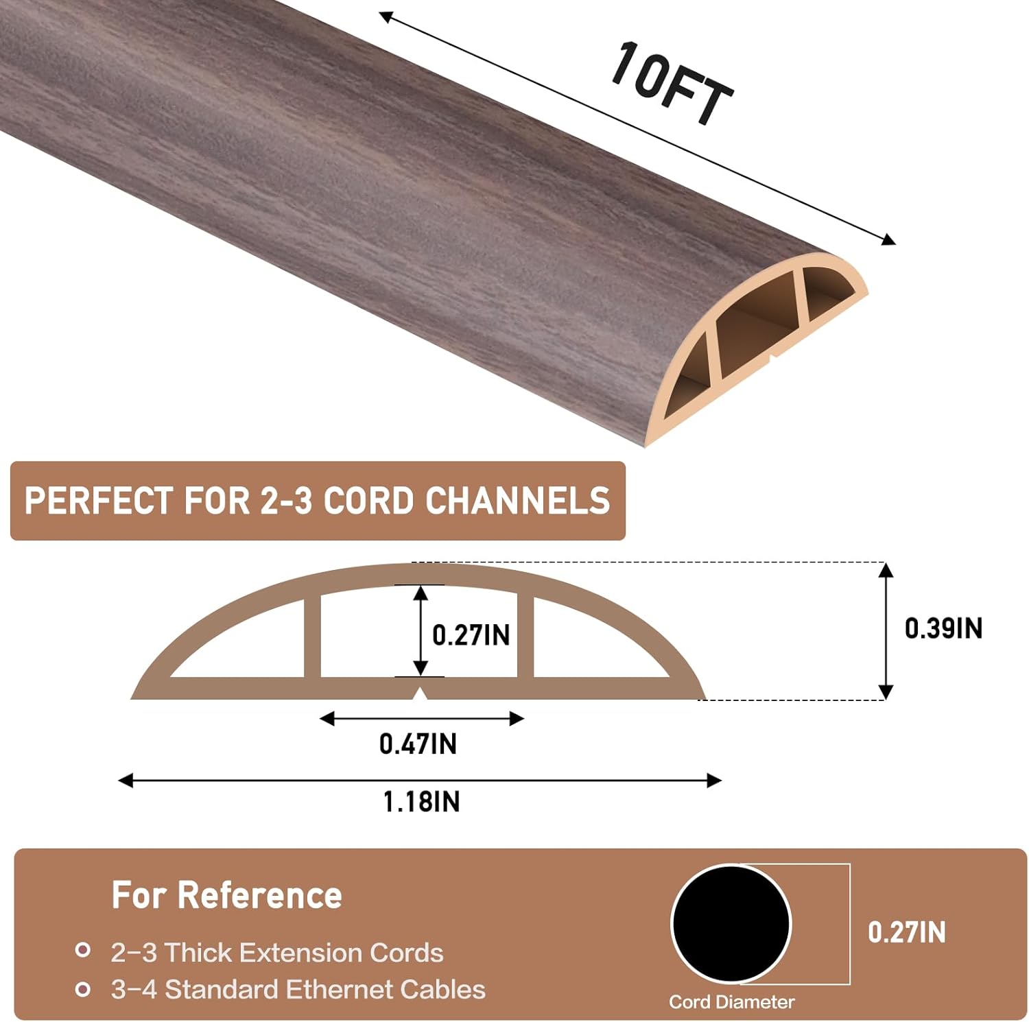 Floor Cord Cover Self Adhesive Cord Hider Floor Extension Cord Covers for Floor Power Cord Protector Cable Management Prevent Cable Trips Cable Cavity 0.47" W x 0.27" H (Brown Walnut Wood, 10Ft)