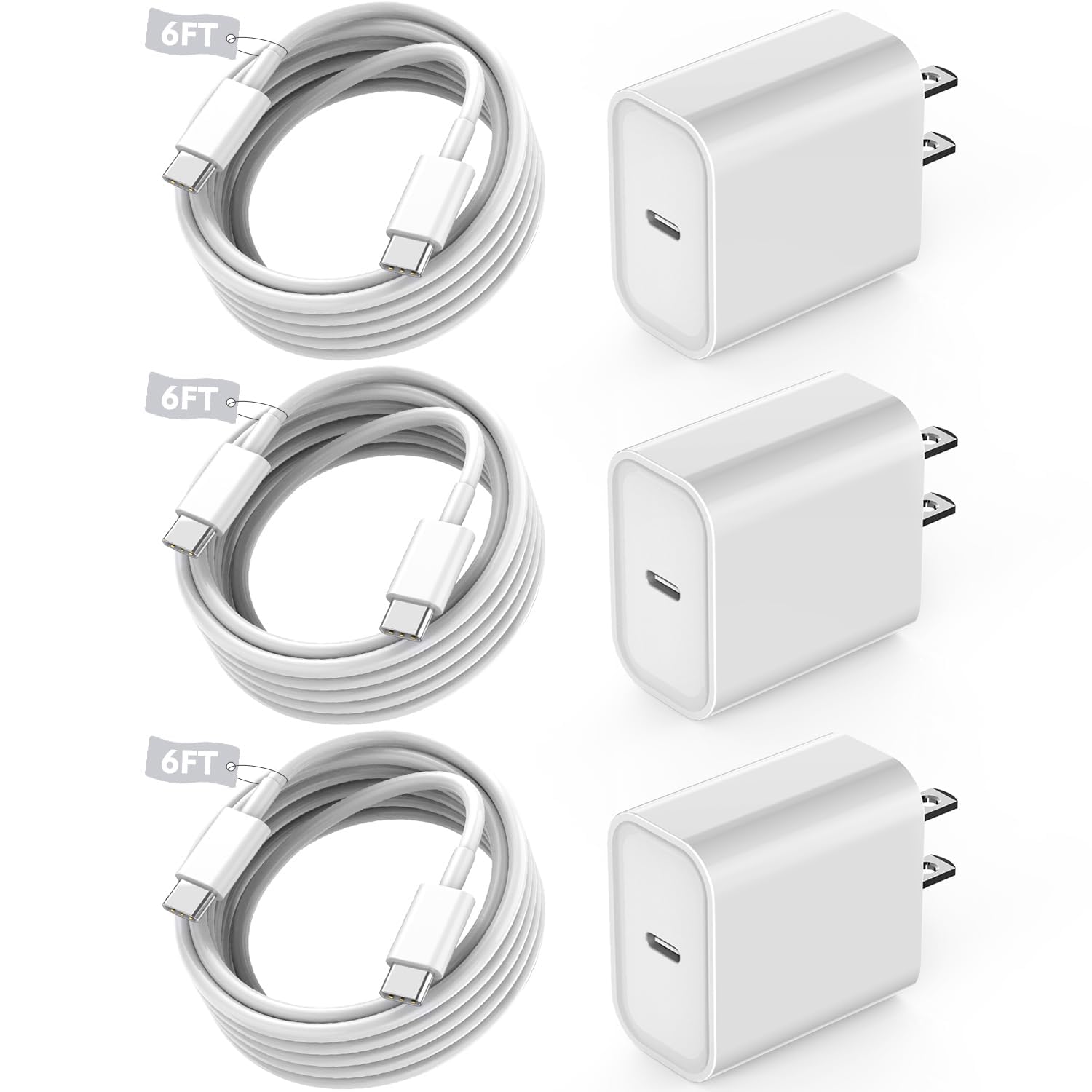 Fast USB C Charger Block,3Pack Long 6FT USB C to USB C Cable iPad Cord 20W iPhone 16 15 Charger Fast Charging for iPhone 16/16 Pro/15/15Pro/Pro Max/Plus,iPad 10th,iPad Air 5/4th,iPad Mini 6th,iPad Pro