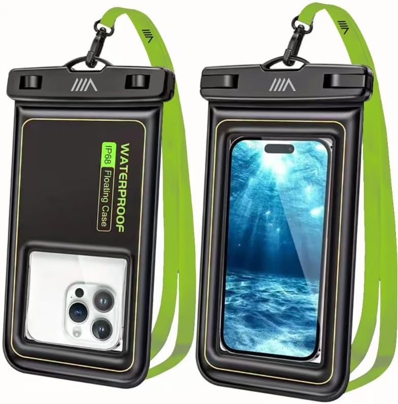 【2025 Upgraded】 2 Pack Black - IP68 Waterproof Phone Pouch Floating Design No Sink Waterproof Phone Case - Beach Pool Travel Essentials - Works w/All Phones - Detachable Lanyard - Black/Hi-Vis Green