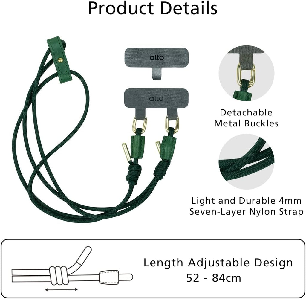 alto Crossbody Phone Lanyard: detachable patch, nylon strap with Italian leather pad, for iPhone and android full body phone cases (Forest Green)