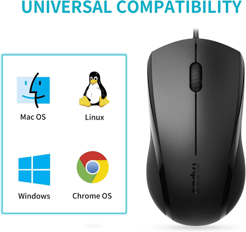 Rapoo Silent Wired Mouse, 1000 DPI 5ft Cord Quiet Button Optical Computer Mouse, Left Right Hand Use, for Laptop Chromebook Mac Notebook, Matte Black