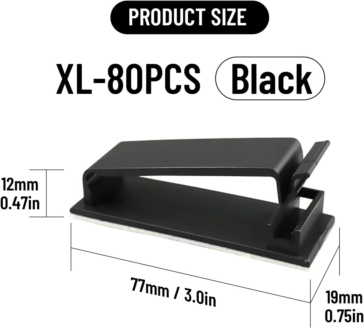 Adhesive Cable Clips Holder, Outdoor Light Clips, Black Cord Wire Clips, Sturdy Nylon Cord Wall Finisher Wire Clamp for Home, Car, Office Desk Wire Management (Black, XL-80 PCS)