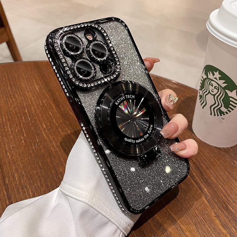 Magnetic Kickstand (Glitter Lens Protector ) Case for IPhone 15 14 13 12 Pro Max (Compatible with Magsafe ) Sparkling Diamond Cover Glitter Shiny Rhinestone Cases (Black,for iphone 14 Plus)