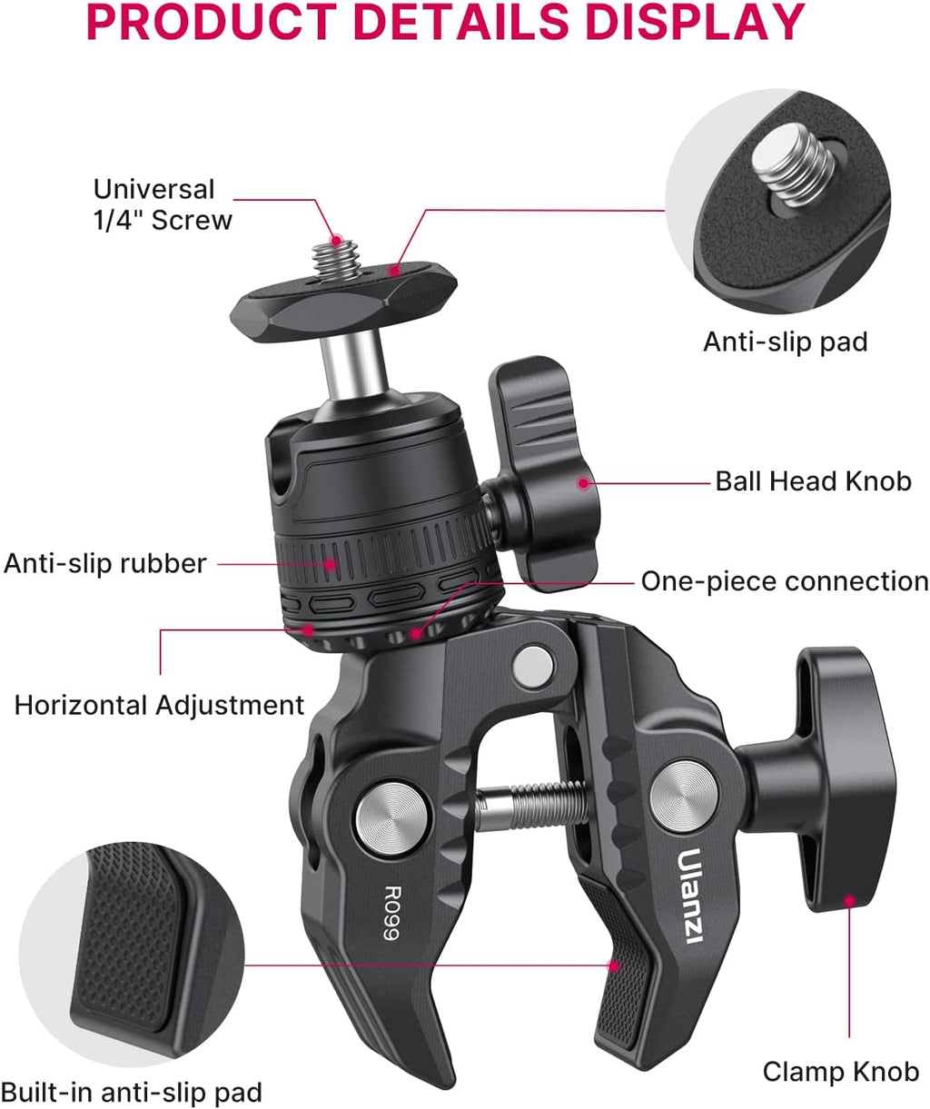 ULANZI R099 Super Clamp Camera Mount - Heavy Duty 3.3lb Load Metal Clamp with 360° Ball Head for Action Cameras (GoPro/Insta360/DJI), DSLR, Bike/Motorcycle Handlebar, Pole/Tube Mount Accessories