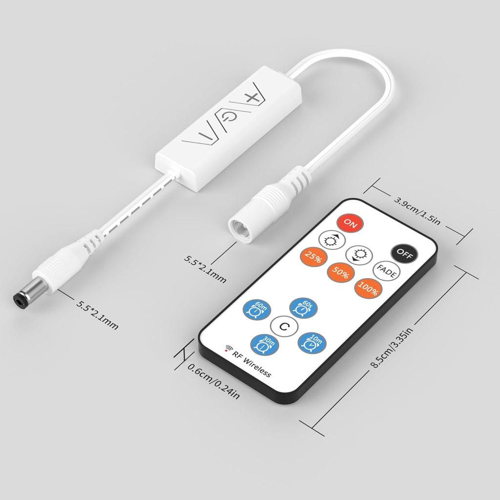 13Keys LED Dimmer, Wireless RF Remote Control and 3Keys Receiver with DC Jack RF Dimmer with Timer Function for DC12V-24V Single Color COB/3528/2835/5050 LED Strip Lights