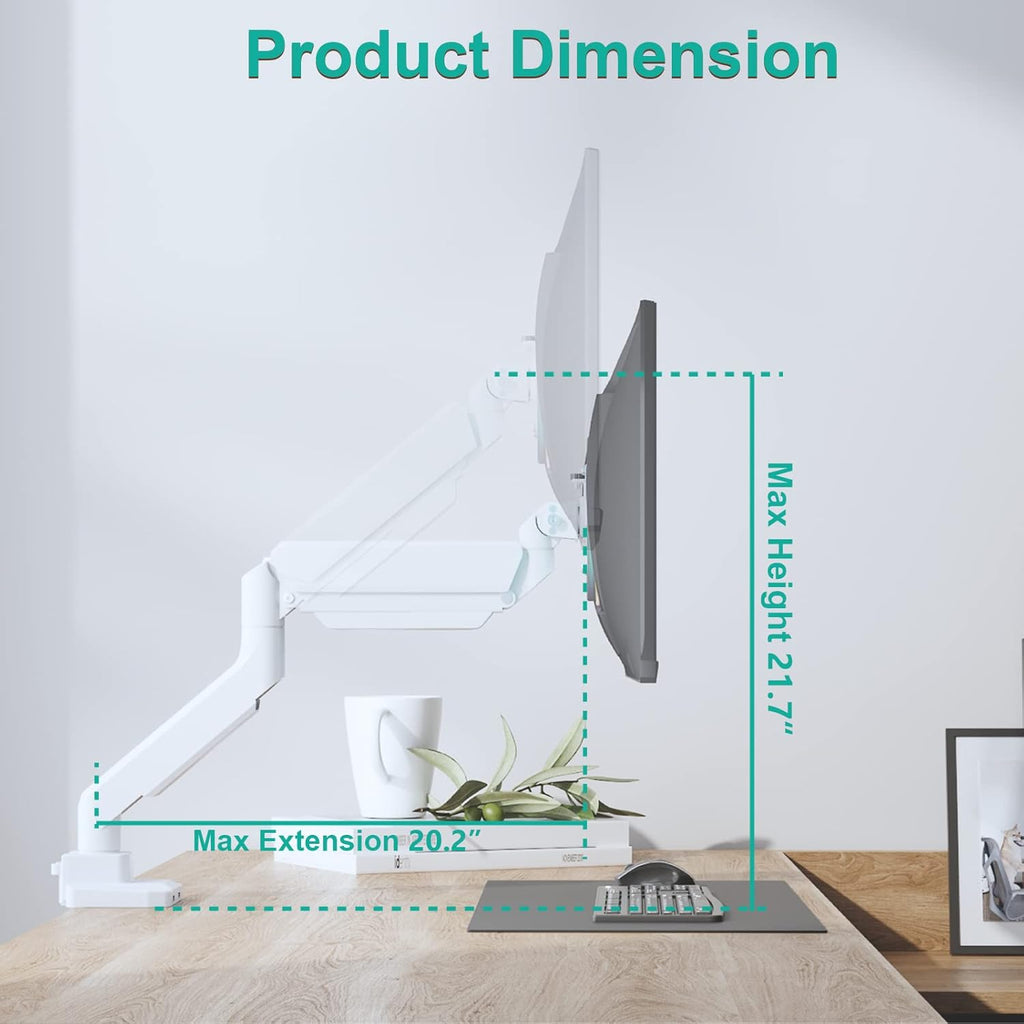 WALI Ultrawide Monitor Arm for 13 to 49 Inch Heavy Duty Curved Screens, Adjustable Gas Spring Single Monitor Desk Mount with 2 USB 3.0 Ports, Holds 33 lbs, 75x75/100x100 VESA, White (GSMU001-W)