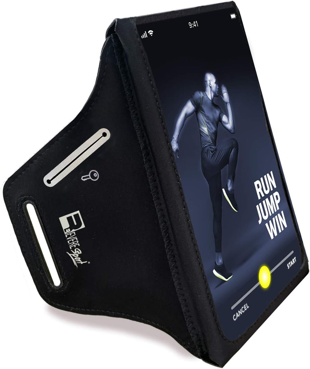 RevereSport Waterproof Running Armband for Phone with Case On (Otterbox, Lifeproof). Sports Phone Holder Compatible iPhone 16/15/14/13/12/11/SE Samsung S25/S24/S23/S22/S21/S20 (Medium)