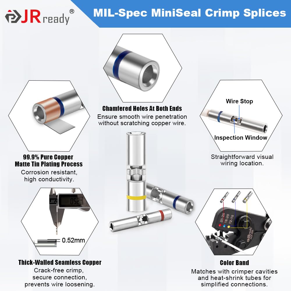 JRready ST6488-20-100 Heat Shrink Butt Splice Connectors 100 Sets 26-20AWG Butt Crimp Splices with PVDF Tubes Waterproof Environmental Splice Connectors with ACT-232 Crimp Tool G411 Go-No Go Gauge