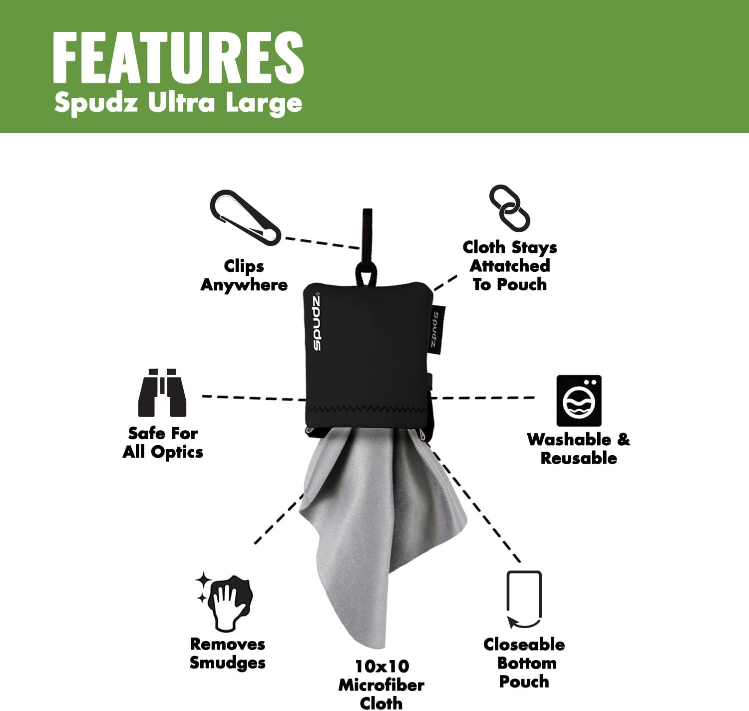 SPUDZ Ultra Microfiber Lens Cleaner – Closable Pouch, Clip-On, Washable – for Optics, Scopes, Glasses | Trout Skin, 10 x 10 Inch