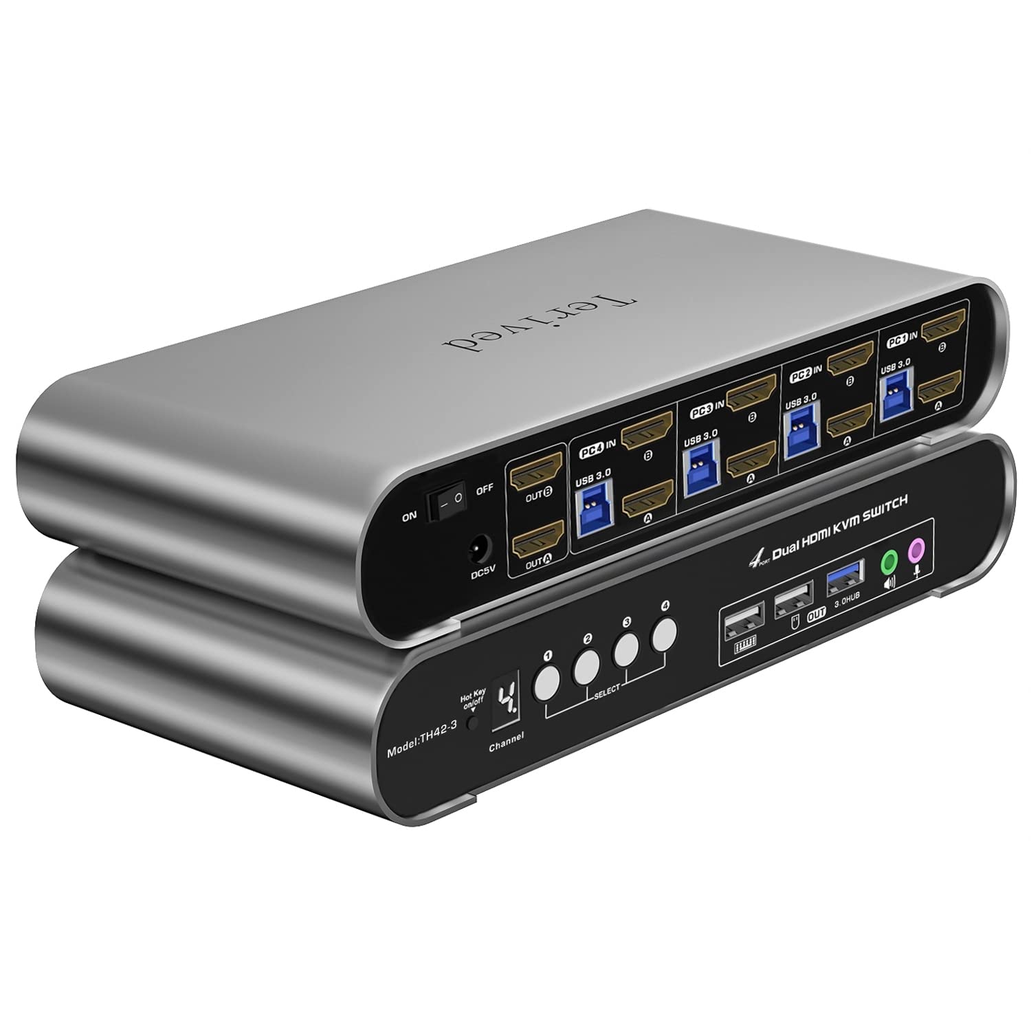 4 Computers 2 Monitors USB 3.0 HDMI KVM Switch 4K@60Hz with Hotkey Switching, Automatic Switching 4 Port Dual Monitor, Aluminum, Digital Display, USB 3.0 Audio/Mic, EDID, HDR10 with Cables