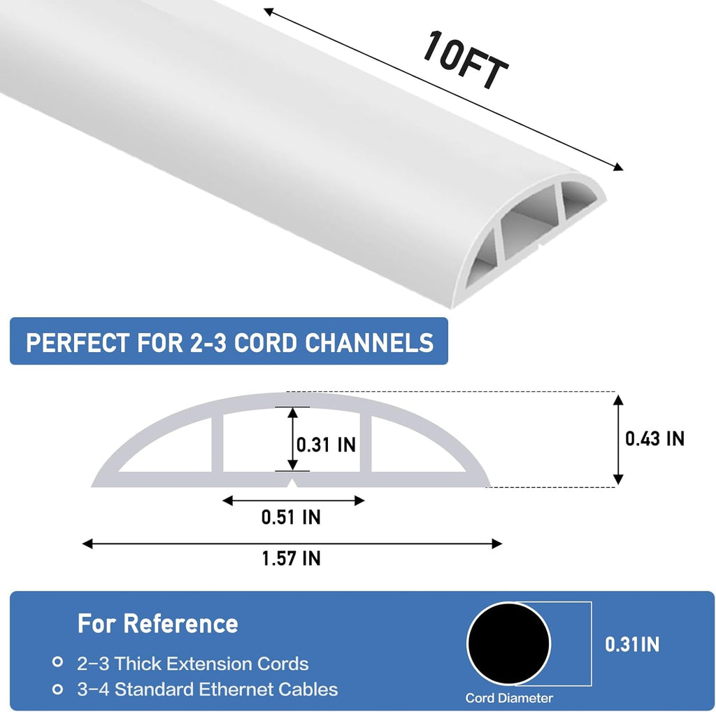 Floor Cord Cover Self Adhesive Cord Hider Floor Extension Cord Covers for Floor Power Cord Protector Cable Management Prevent Cable Trips Cable Cavity 0.51" W x 0.31" H (White, 10Ft)
