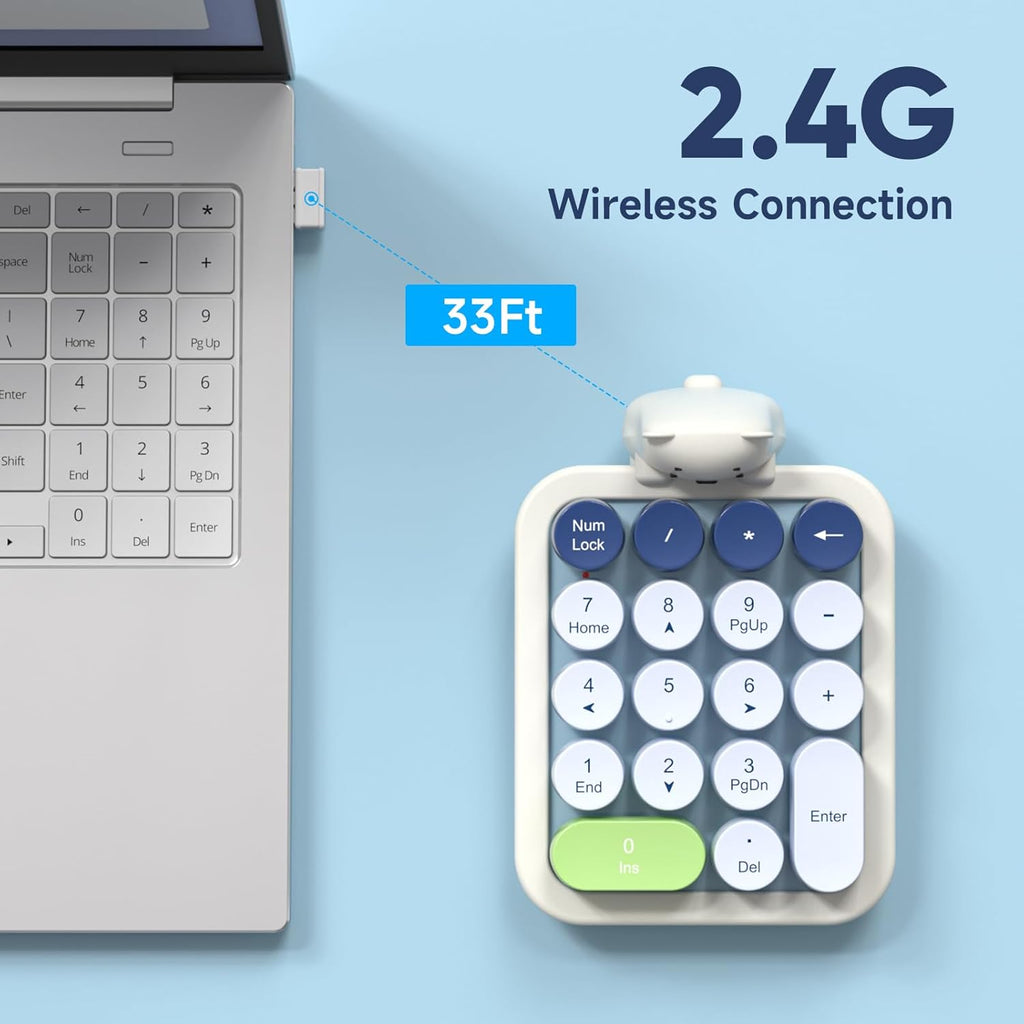 MOFII Wireless Number Pad with Bear - Mixed Blue Numeric Keypad 18 Keys 2.4G Round Keycap Colorful Extensions Cute Numpad, Portable Accounting Financial Retro Numpad 10 Key for Laptop/PC/Notebook