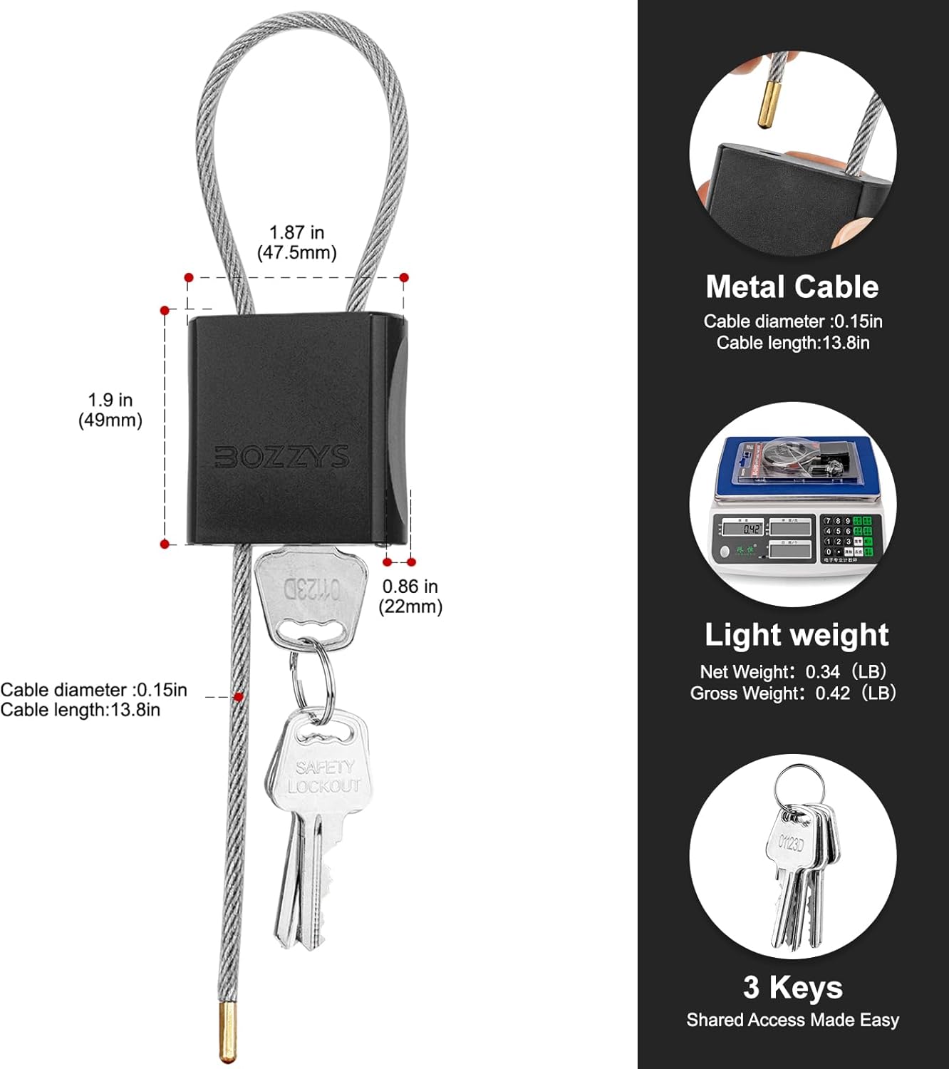 Cable Padlock with 3 Keys | L 1.15ft(0.35m),D 1/6in(4mm) Adjustable Steel Cable Lock | Aluminum Locks for Bikes, Gate, Lockers & Outdoor Gear | Weatherproof & Black