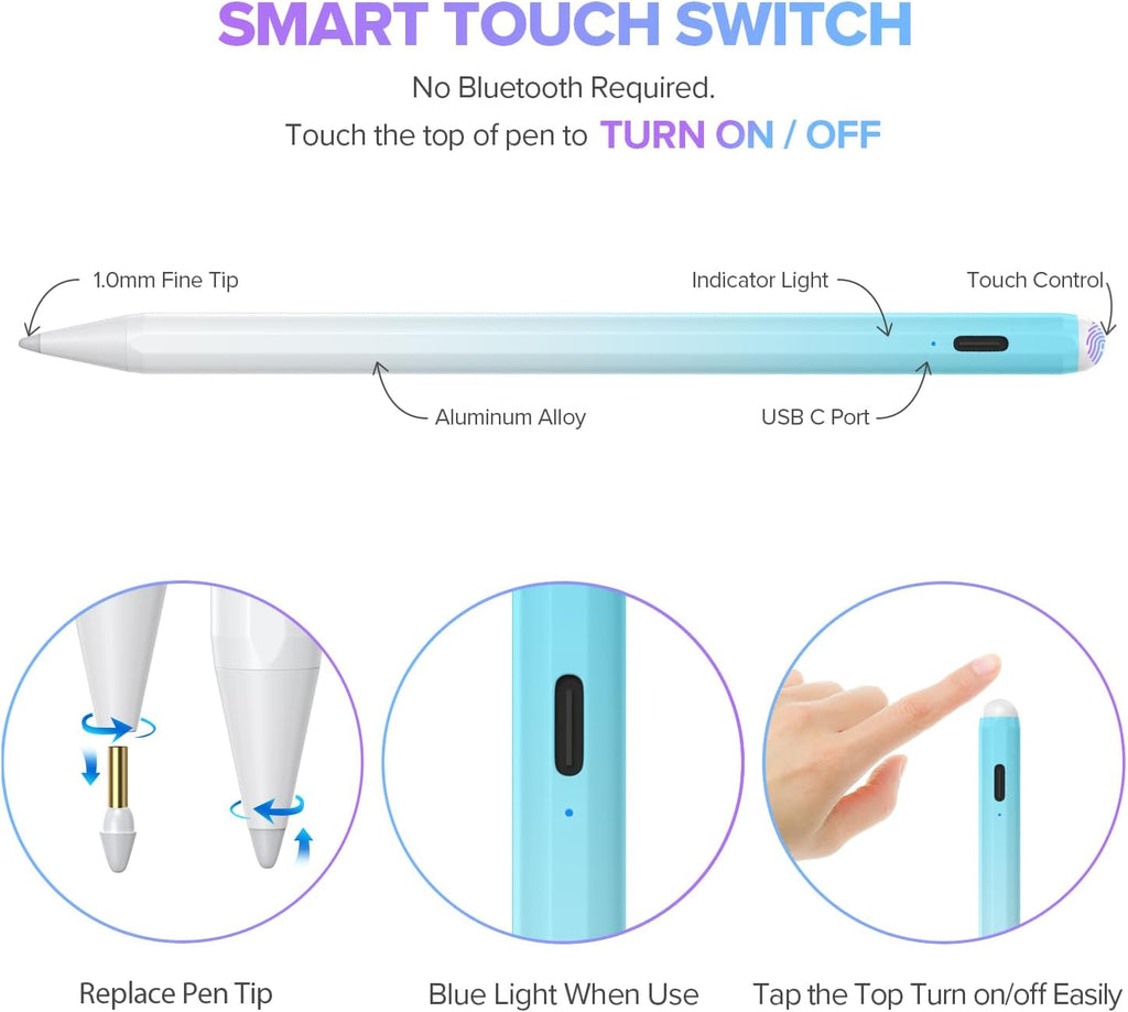 Stylus Pen for iPad 6th-11th Generation-2X Fast Charge Active Pencil Compatible with 2018-2025 Apple iPad Pro 11"/12.9"/M4, iPad Air 3/4/5/M2/M3,iPad mini 5/6 Gen-White Blue