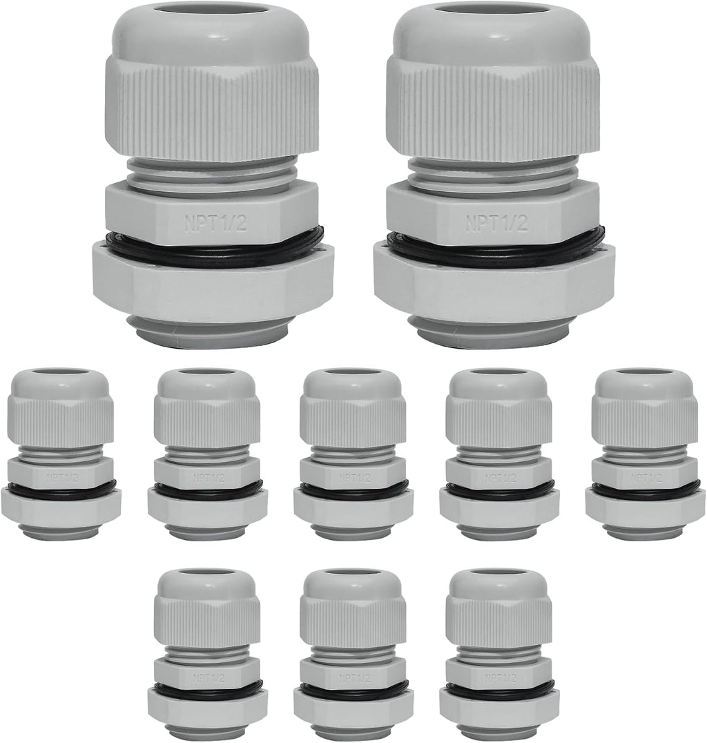 10 Pcs 1/2" NPT Nylon Cable Glands, IP68 Waterproof Adjustable Cord Grip Cable Connector Strain Relief Wire Protectors for 6-12mm Cable Diameter, Grey