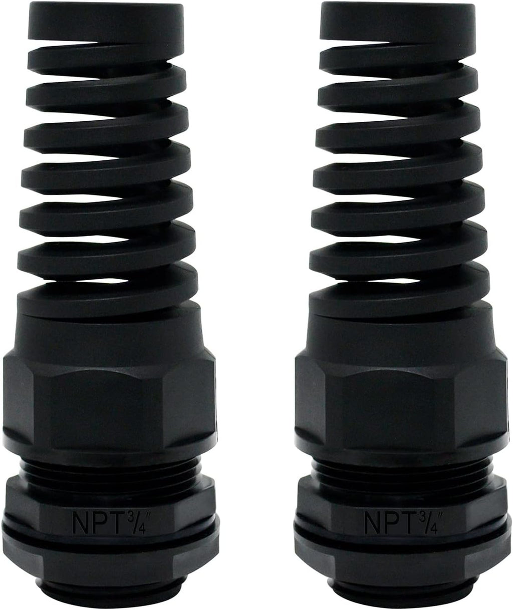 LeMotech 2Pcs NPT 3/4" IP68 Waterproof Cable Gland Flex Spiral Strain Relief Black Nylon Joint with Gaskets for 13-18mm Wire Thread