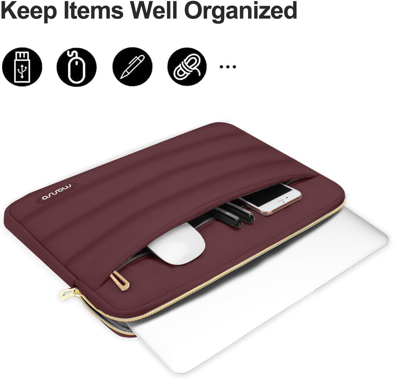 MOSISO 13.3 inch Laptop Case, 13-13.3 inch Puffy Laptop Sleeve Compatible with MacBook Air 13 13.6 M4 M3 M2 M1/Pro 13/Pro 14, HP Dell ASUS Lenovo,Polyester Horizontal Bag with Small Case, Wine Red