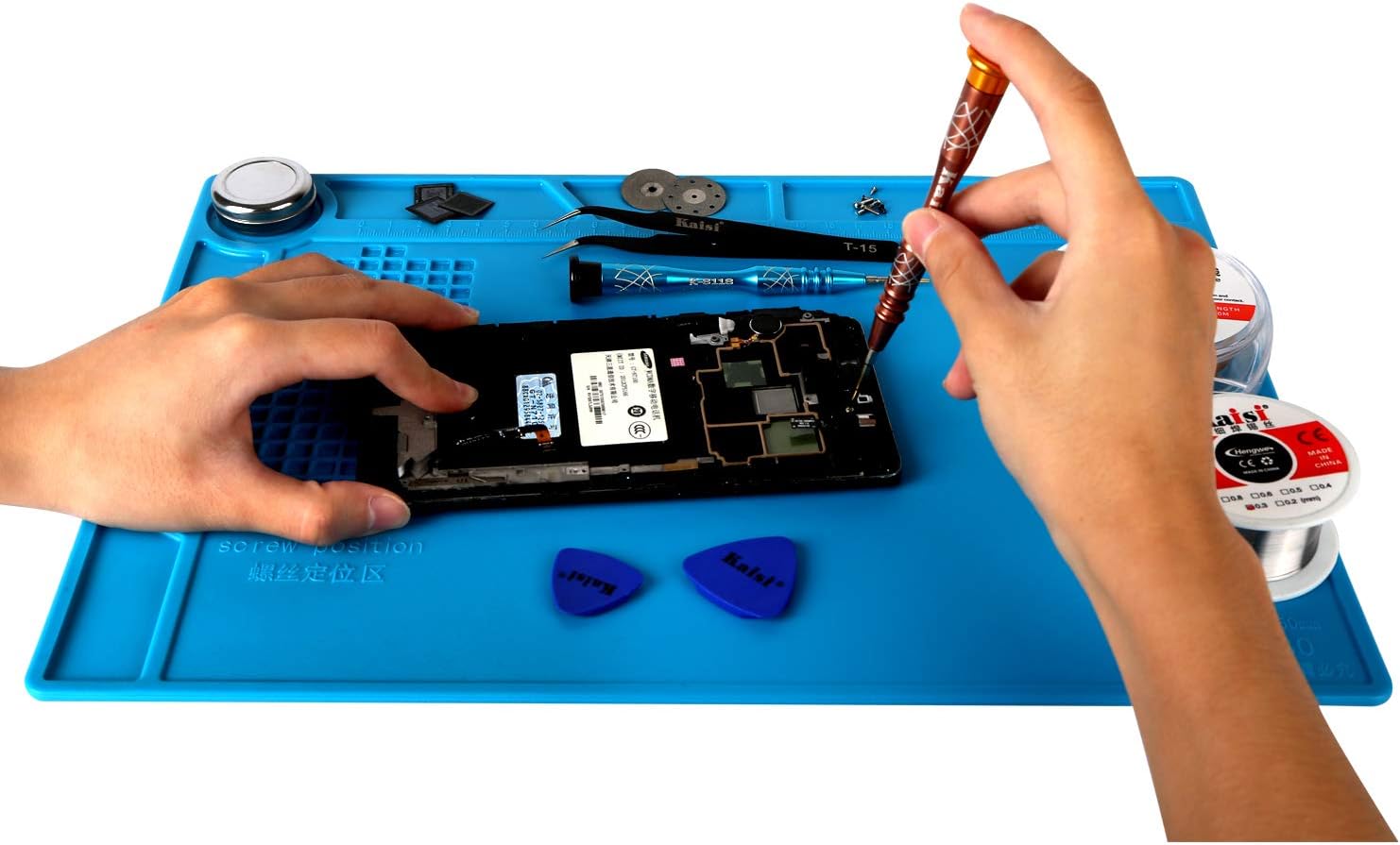Kaisi S-130 Insulation Silicone Soldering Mat Repair Mat, Heat Resistant Silicone Work Mats 932°F with Scale Ruler and Screw Position for Soldering, CellPhone Electronics Repair, Size: 13.8 x 9.8 inch