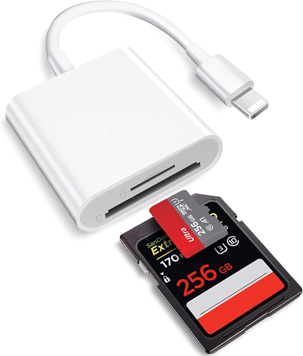 2 in 1 Lightning to SD Card Reader for iPhone, [Apple MFi Certified] Dual Slot Micro SD TF Trail Game Camera Memory Card Reader Adapter, Quickly Transfer Photos Videos Plug and Play