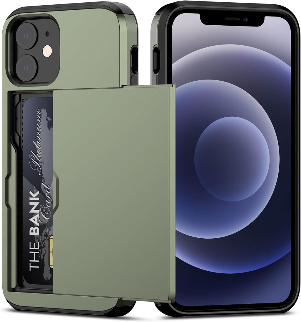 Nvollnoe for iPhone 12 Mini Case with Card Holder Heavy Duty Protective Dual Layer Shockproof Hidden Card Slot Slim Wallet Case for iPhone 12 Mini for Men&Women(Green)