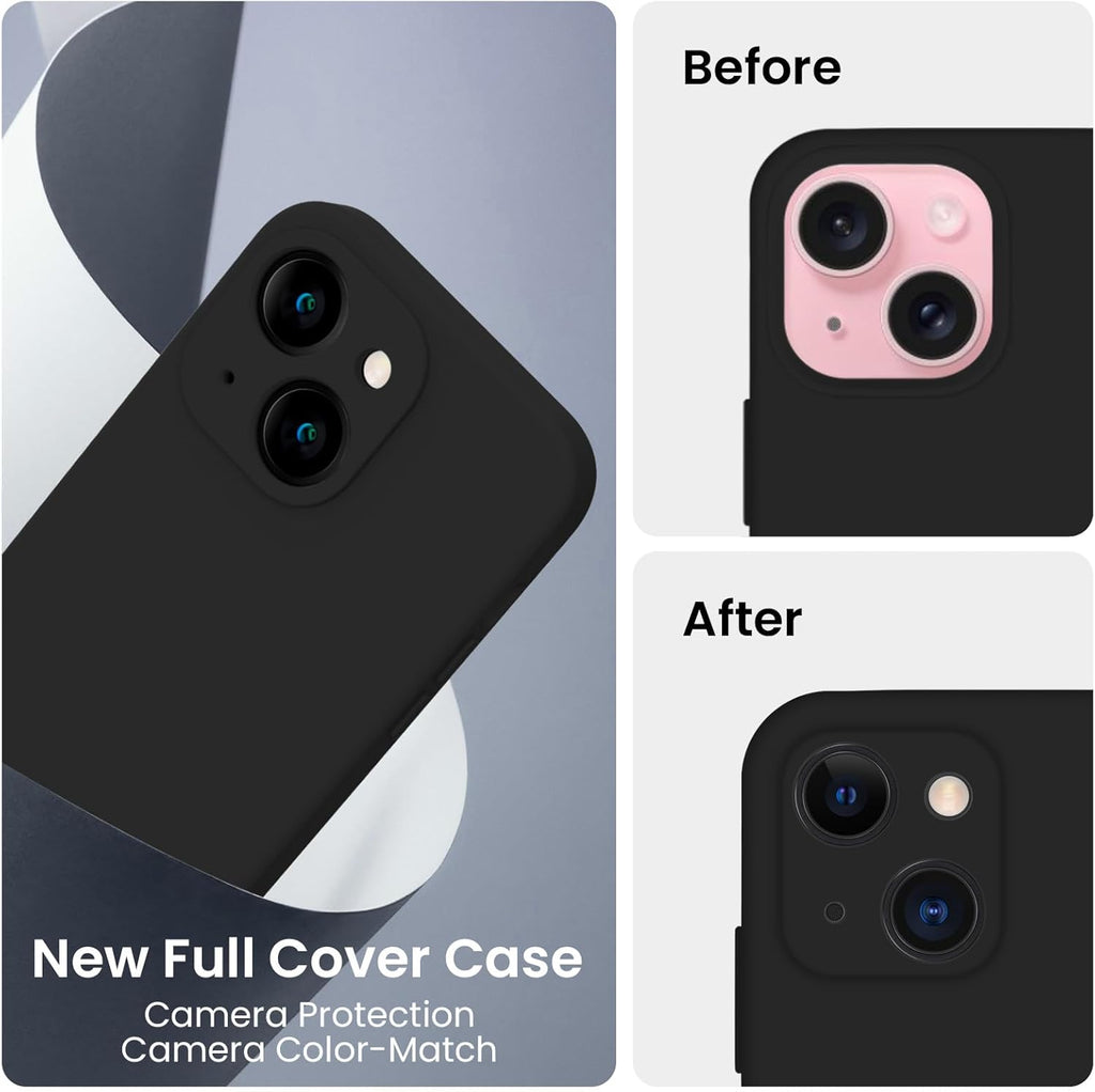FireNova Designed for iPhone 15 Plus Case, Silicone [Camera Protection] Case with [2 Screen Protectors], Soft Anti-Scratch Microfiber Lining Inside, 6.7 inch, Black