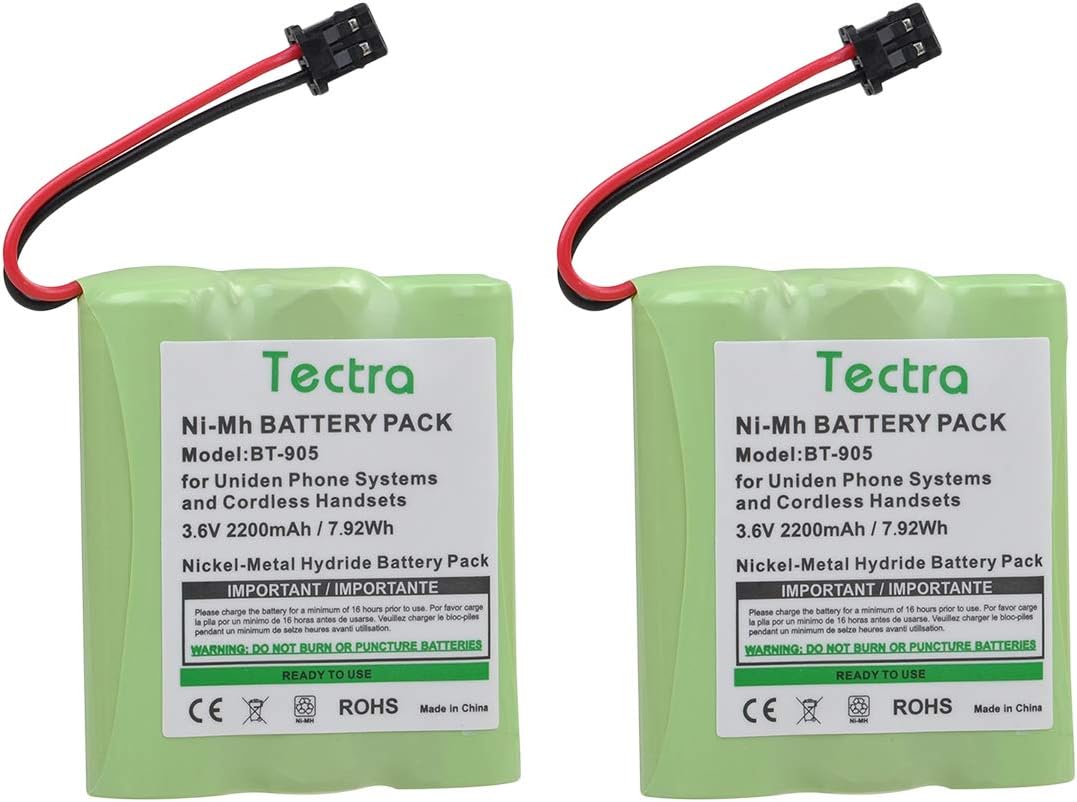 Tectra 2-Pack BT-905 Cordless Phone Battery for Uniden BT905 BT-800 BT-1006 BBTY-0444001 BBTY-0449001 Panasonic P-P501 P-P508 AT&T 200 24032 Cordless Telephones