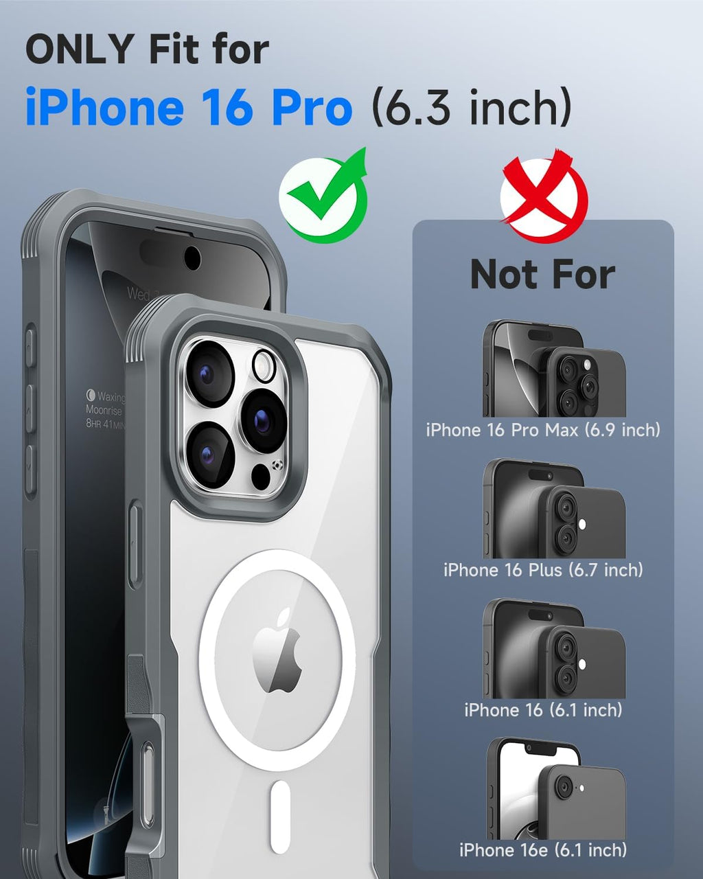seacosmo for iPhone 16 Pro Case, Full Body Bumper with Built-in 9H Tempered Glass Privacy Screen Protector and Camera Lens Protector, Compatible with MagSafe, Shockproof Phone Cover, 6.3", Gray