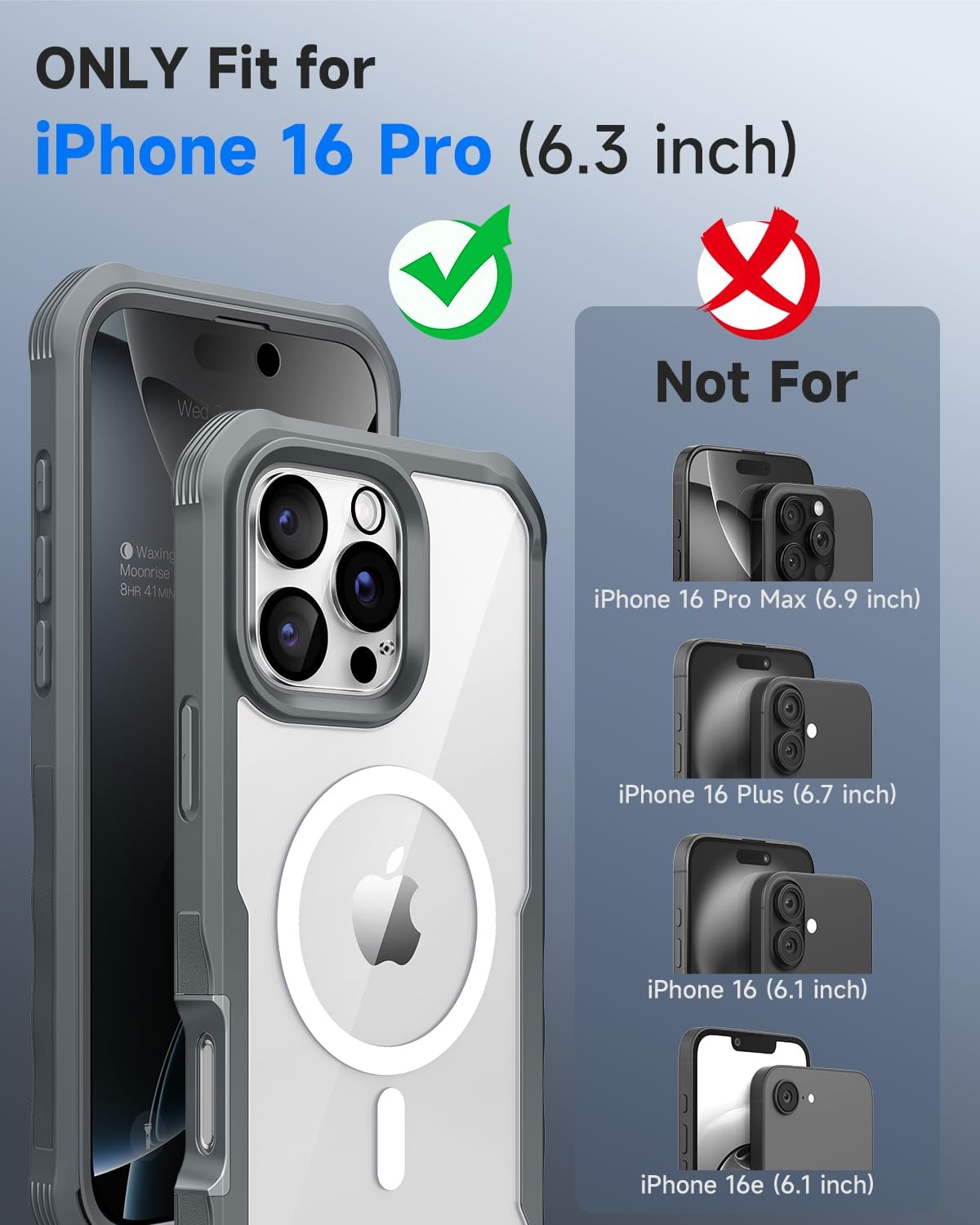 seacosmo for iPhone 16 Pro Case, Full Body Bumper with Built-in 9H Tempered Glass Privacy Screen Protector and Camera Lens Protector, Compatible with MagSafe, Shockproof Phone Cover, 6.3", Gray