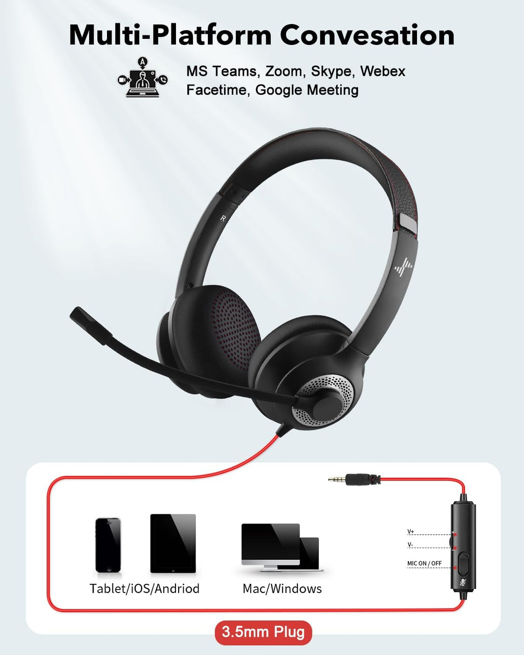 USB Headset with Mic for PC, On-Ear Computer Laptop Headphones with Noise Cancelling Microphone Control for Home Office Online Class Skype Zoom (3.5mm, Black)