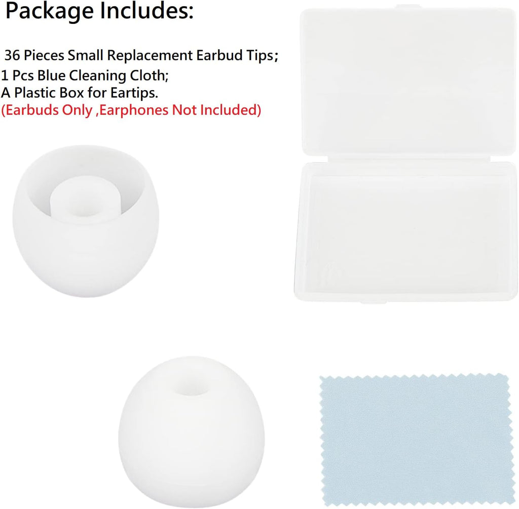 36 Pieces Small Earbud Tips Soft and Comfortable Silicone Earbud Tips Ear Bud Replacement Pieces Silicone Fit Most in-Ear Headphones，Inner Hole 3.8mm -5.5mm，Small White Replacement Eartips