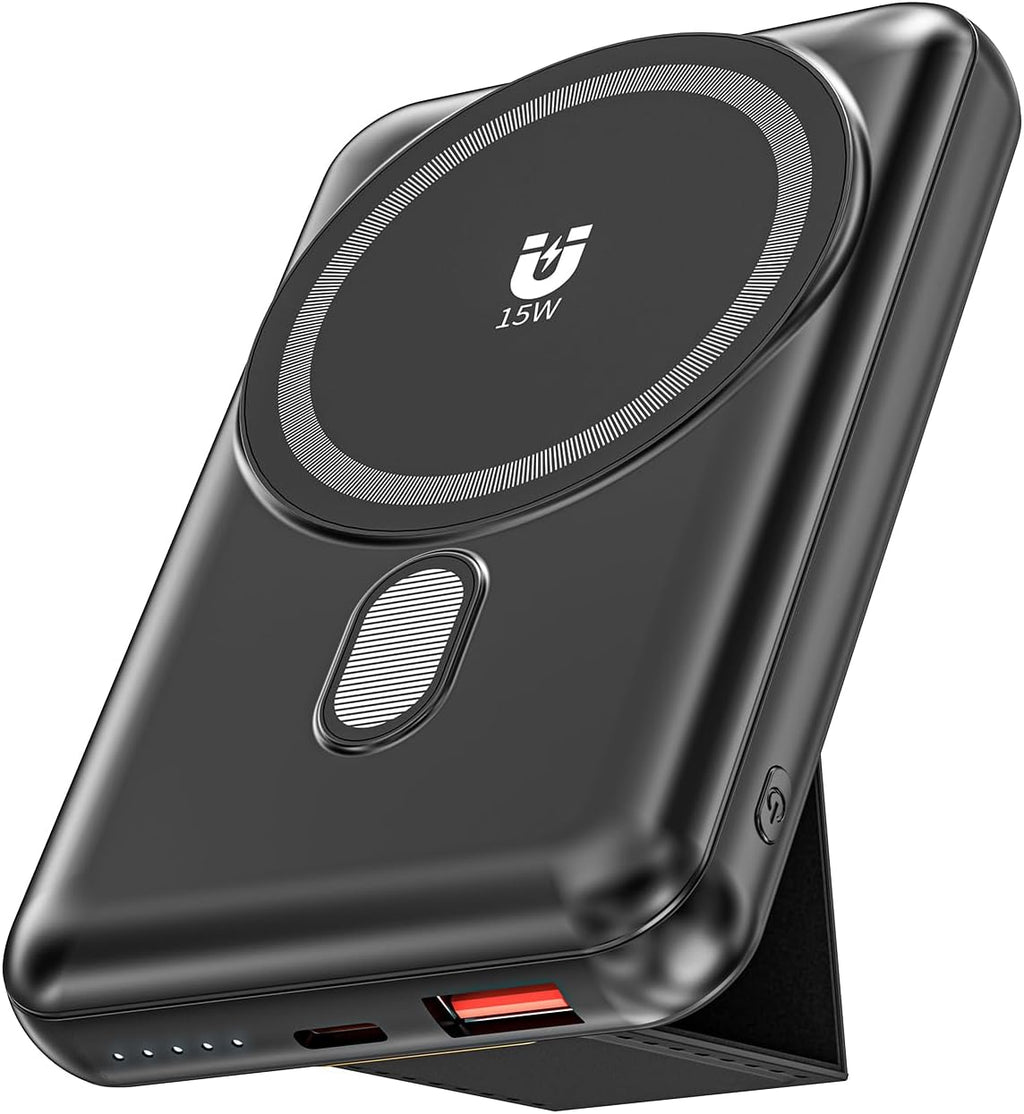 Magnetic Power Bank 10000mAh, Wireless Portable Charger with Stand, 15W Fast Charging Magnetic Battery Pack w/USB-C, Compatible with Magsafe iPhone 15/15 Plus/15 Pro/15 Pro Max, iPhone 14/13/12 Series
