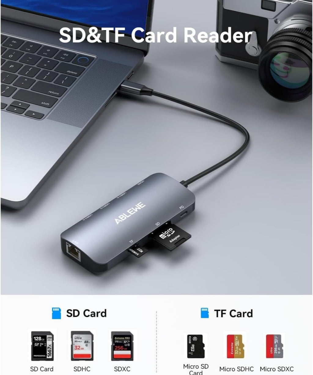 ABLEWE USB C Hub Ethernet, 8 in 1 Multiport USB C to HDMI Adapter 4K@60Hz,1000Mbps, 100W PD, SD/TF Card Reader, 3 USB 3.0 Ports, Docking Station Compatible for MacBook, Tablet, Phone, Type C Devices