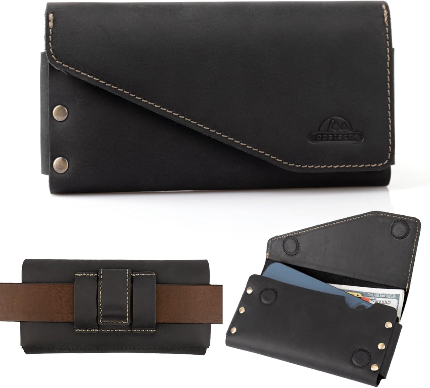 Topstache Leather Phone Holster with Belt Clip for Galaxy S23,S22,iPhone 14,14 Pro,Belt Phone Case for Universal Smartphone with Otterbox Case,Flip Cellphone Pouch,L,Black