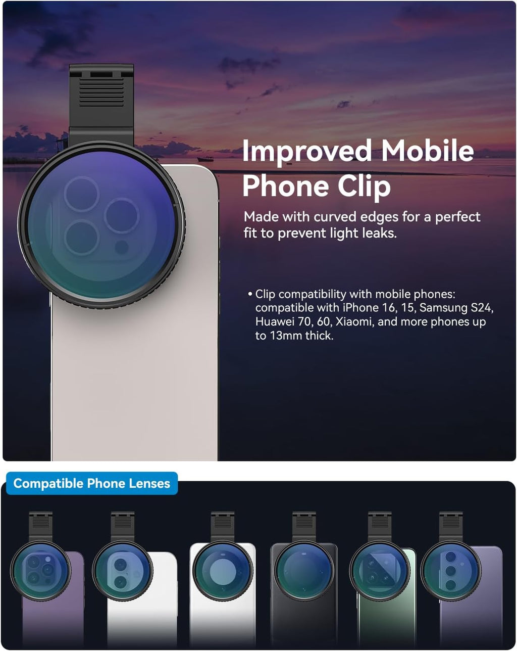 67mm Variable ND2-32 Filter for iPhone/DSLR - Cellphone Neutral Density Lens Attachment with Universal Clip, Compatible with iPhone 16/15/14/13 Pro Max, Samsung Galaxy, Huawei, etc.