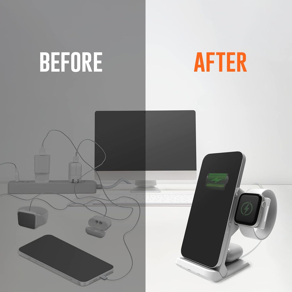 STM ChargeTree Go - 3-in-1 Portable Wireless Charging Station for iPhone, Samsung, Android (15W/7.5W), AirPods (5W), Apple Watch (3W) - Qi Certified - White.
