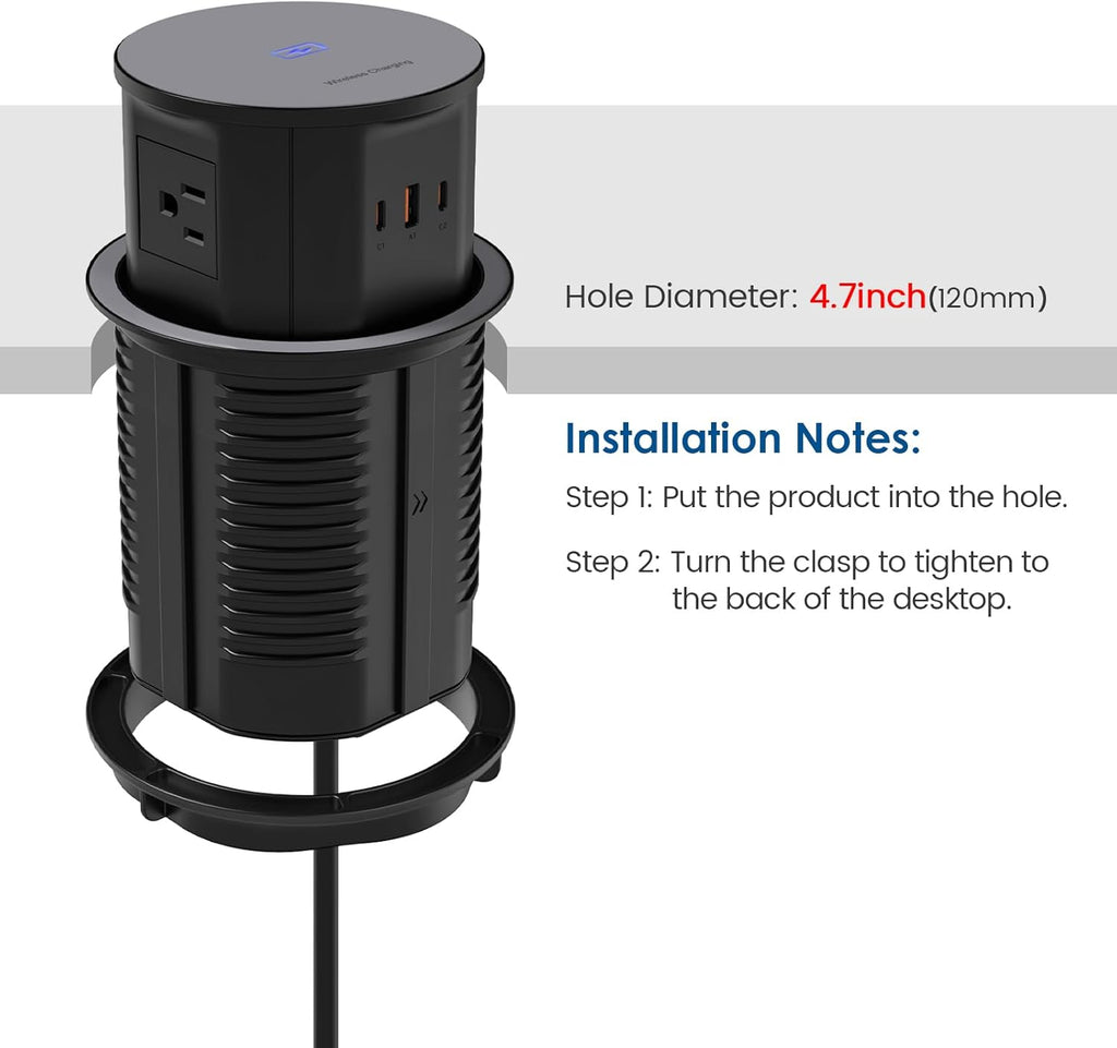 Pop up Outlet for Countertop with 15W Wireless Charger,65W USB C Charging Station,4 Outlets,2 USB C,USB A,Tamper Resistant Receptacle,4.7'' Hole Power Grommet,Office Power Supply,Black