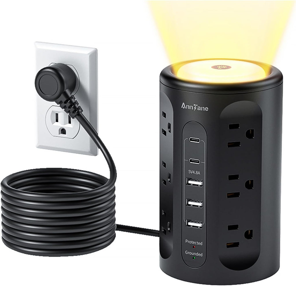 Power Strip Tower with Night Light, Power Strip Surge Protector with USB Ports, Extension Cord 10 FT with Multiple Outlets (12AC+3A+2C) for Home Office Desk DormRoom (Black)