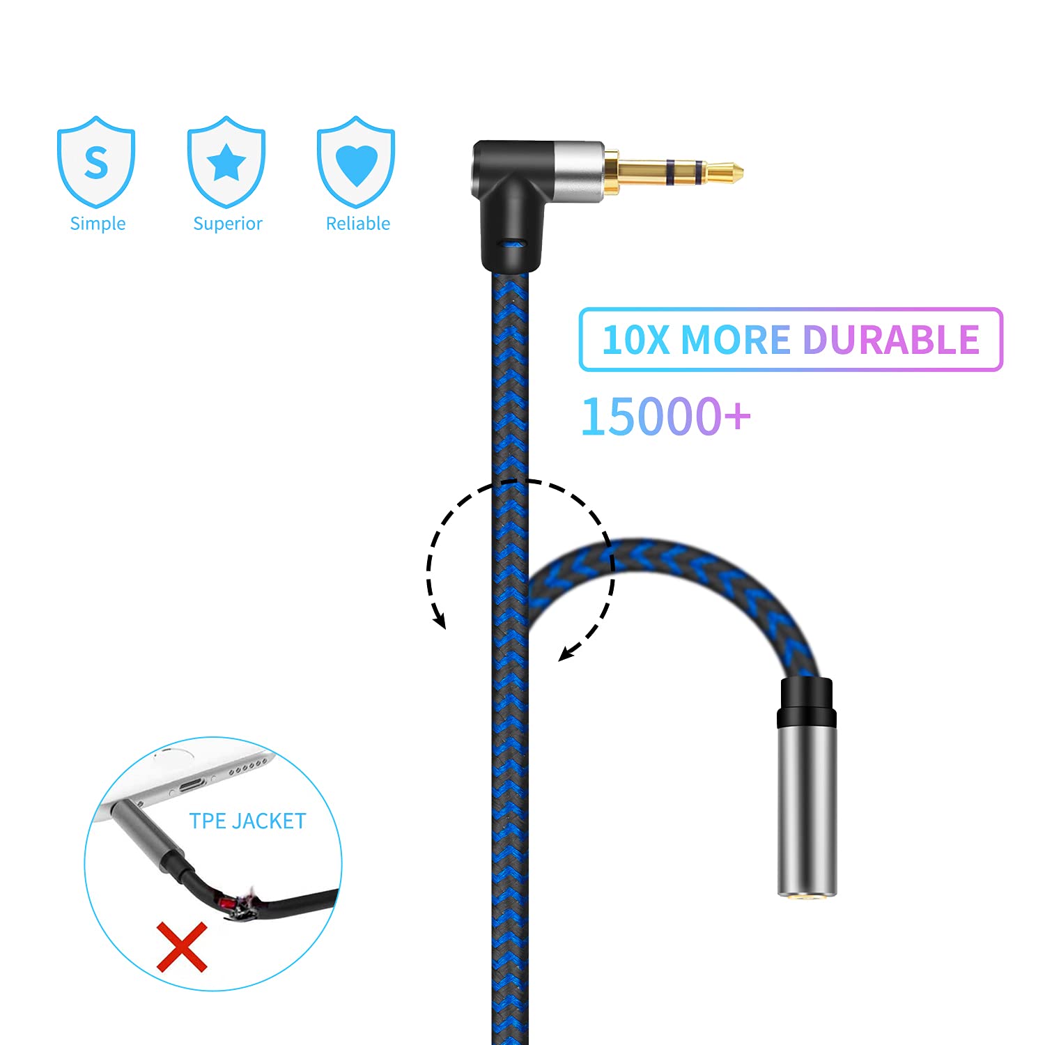 3.5mm Male to Female Extension Stereo Audio Extension Cable 3FT, Cotton-Braided Audio Extension Cable, Stereo Jack Cord for Phones, Headphones, Speakers, Tablets, PCs and More